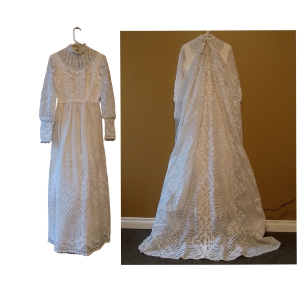 1970's Victorian Revival Long Puff Sleeve Lace Tablecloth Wedding Dress